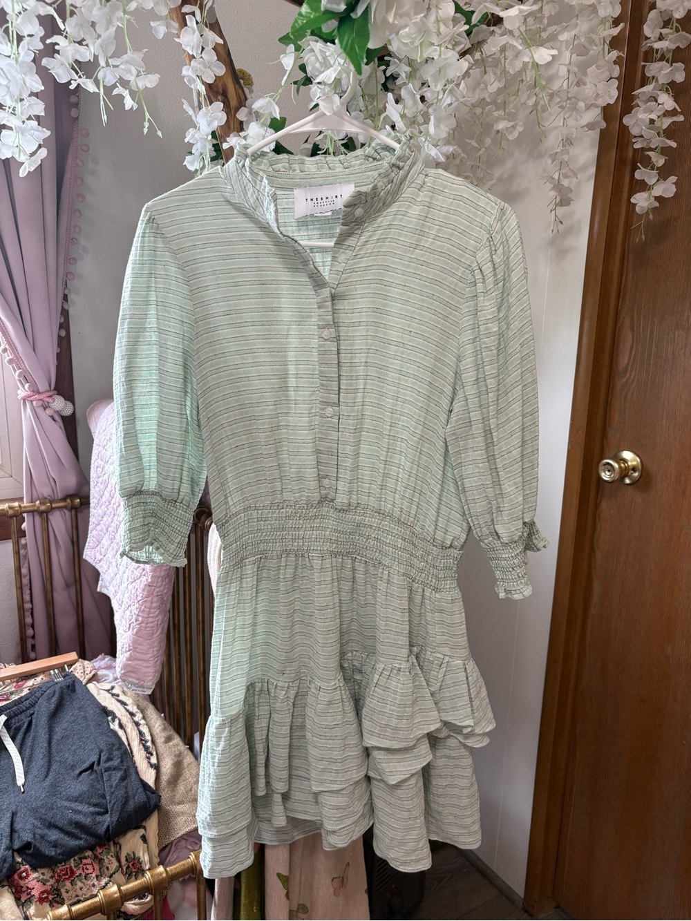 The Shirt by Rochelle Behrens Mint Striped Ruffle Tier Mini Dress 100% Cotton